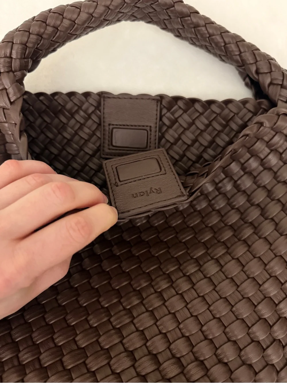 NWT Rylan Alt-Leather Small Woven Tote brown (with pouch and dust bag)
